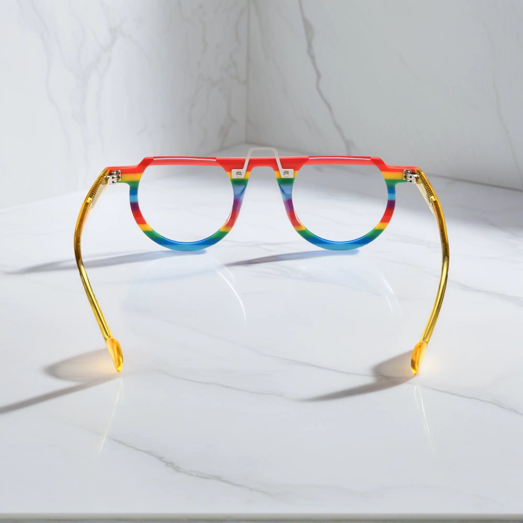 Rear view showing the vivid Rainbow Stripe pattern on VoyueLens™ VL19383 frame